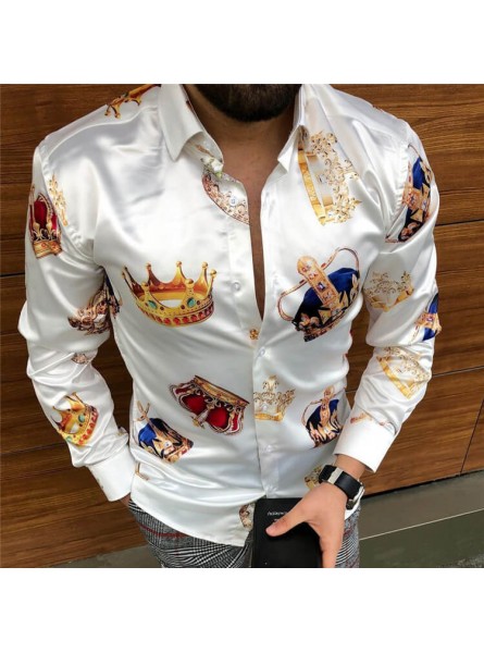 M-3XL Men Fashion Crown Printed Long Sleeve Lapel Shirt