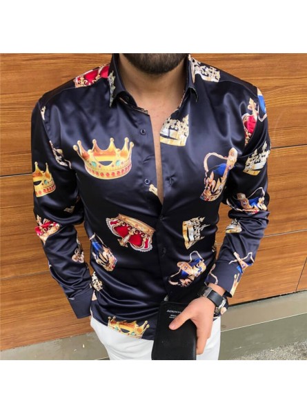 M-3XL Men Fashion Crown Printed Long Sleeve Lapel Shirt