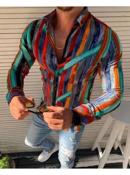 Men Casual Simple Color Matching Lapel Striped Print Long-Sleeved Fit Shirt