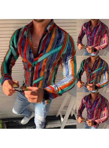 Men Casual Simple Color Matching Lapel Striped Print Long-Sleeved Fit Shirt