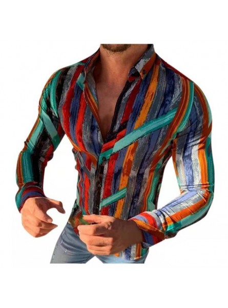 Men Casual Simple Color Matching Lapel Striped Print Long-Sleeved Fit Shirt