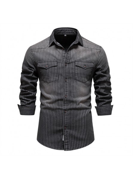 Men Casual Striped Lapel Slim Fit Long Sleeve Denim Shirt