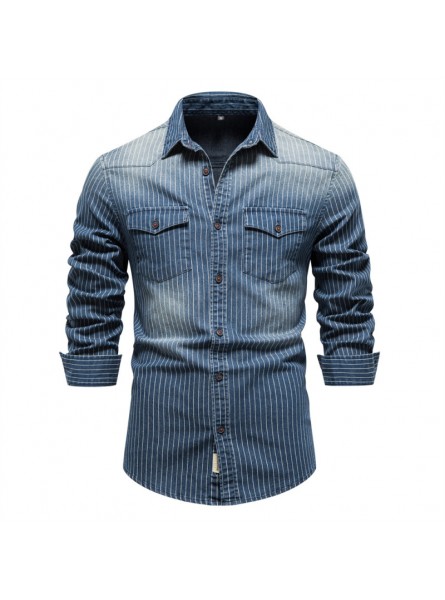 Men Casual Striped Lapel Slim Fit Long Sleeve Denim Shirt