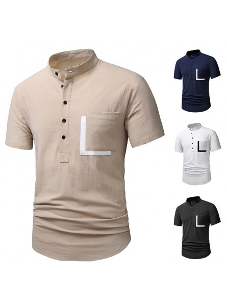 Men'S Casual Stand Collar Short-Sleeved Cotton And Linen Color Matching Shirt