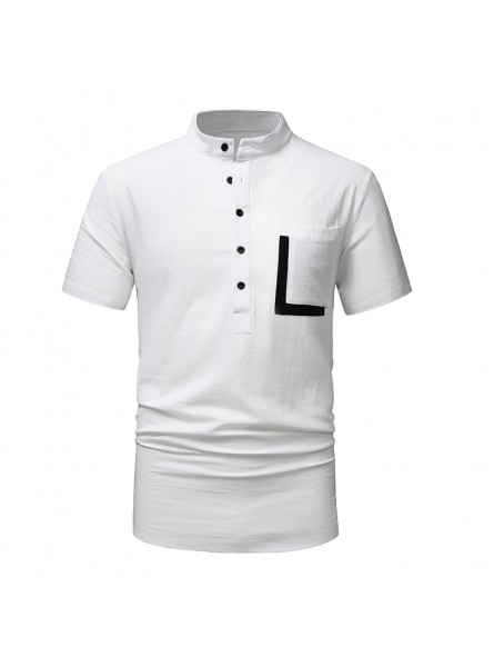 Men'S Casual Stand Collar Short-Sleeved Cotton And Linen Color Matching Shirt