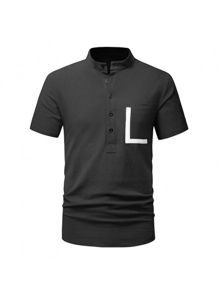 Men'S Casual Stand Collar Short-Sleeved Cotton And Linen Color Matching Shirt