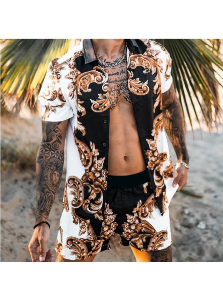 Men Fashion Lapel Print Loose Shirt And Shorts Two-Piece Set