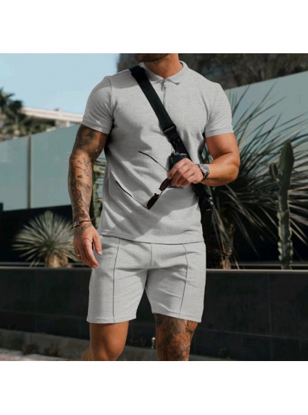 Men Casual Lapel Short-Sleeved Solid Color Waffle Polo Shirt And Shorts Two-Piece Set