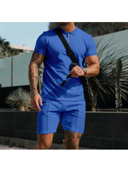 Men Casual Lapel Short-Sleeved Solid Color Waffle Polo Shirt And Shorts Two-Piece Set