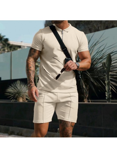 Men Casual Lapel Short-Sleeved Solid Color Waffle Polo Shirt And Shorts Two-Piece Set