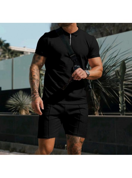 Men Casual Lapel Short-Sleeved Solid Color Waffle Polo Shirt And Shorts Two-Piece Set