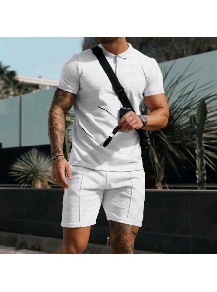 Men Casual Lapel Short-Sleeved Solid Color Waffle Polo Shirt And Shorts Two-Piece Set