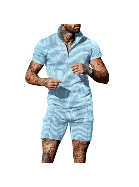 Men Casual Lapel Short-Sleeved Vertical Stripe Polo Shirt And Shorts Two-Piece Set