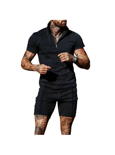 Men Casual Lapel Short-Sleeved Vertical Stripe Polo Shirt And Shorts Two-Piece Set