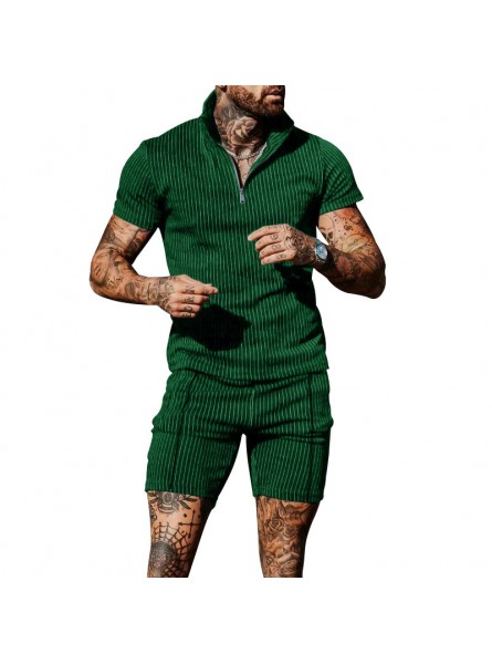 Men Casual Lapel Short-Sleeved Vertical Stripe Polo Shirt And Shorts Two-Piece Set