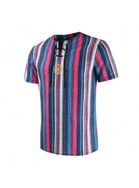 Men Fashion Round Stripe Striped Cotton Linen Embroidered Short Sleeve Shirt