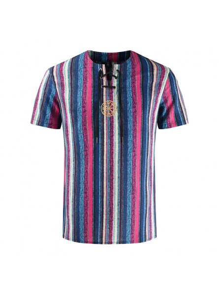 Men Fashion Round Stripe Striped Cotton Linen Embroidered Short Sleeve Shirt