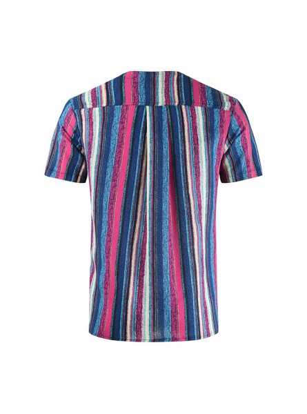 Men Fashion Round Stripe Striped Cotton Linen Embroidered Short Sleeve Shirt