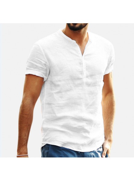 Men Stand Collar Short Sleeve V-Neck Cotton Linen Shirt