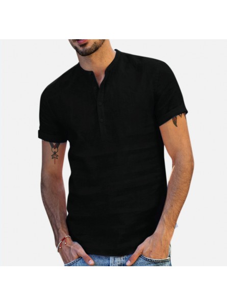 Men Stand Collar Short Sleeve V-Neck Cotton Linen Shirt