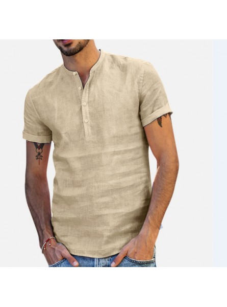 Men Stand Collar Short Sleeve V-Neck Cotton Linen Shirt