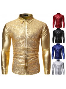 Men Fashion Lapel Sequin Bronzing Long-Sleeved Shirt