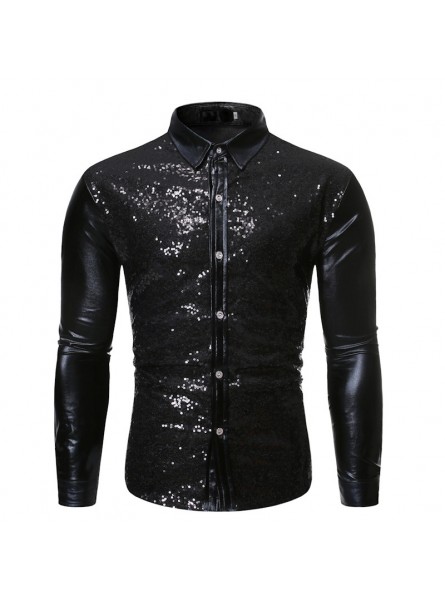 Men Fashion Lapel Sequin Bronzing Long-Sleeved Shirt