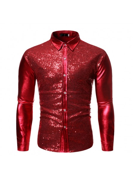 Men Fashion Lapel Sequin Bronzing Long-Sleeved Shirt