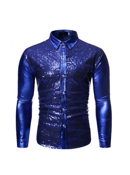 Men Fashion Lapel Sequin Bronzing Long-Sleeved Shirt