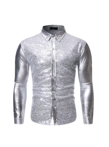 Men Fashion Lapel Sequin Bronzing Long-Sleeved Shirt