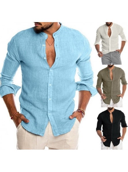 Men Fashion Casual Solid Color Linen Button Round Neck Long Sleeve Shirt