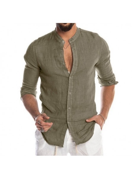 Men Fashion Casual Solid Color Linen Button Round Neck Long Sleeve Shirt