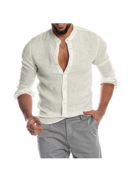 Men Fashion Casual Solid Color Linen Button Round Neck Long Sleeve Shirt