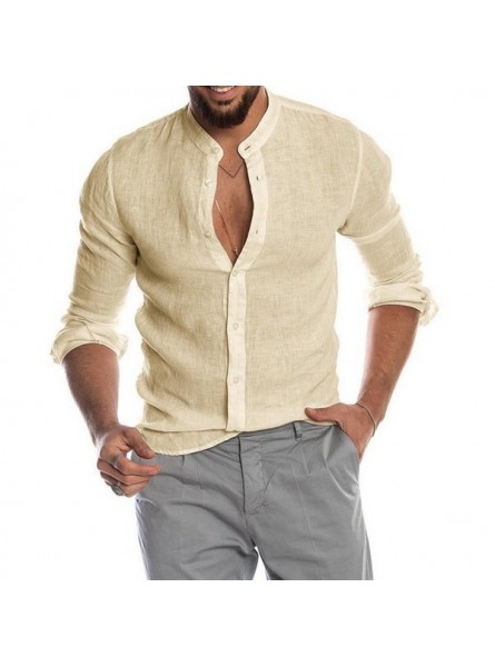 Men Fashion Casual Solid Color Linen Button Round Neck Long Sleeve Shirt