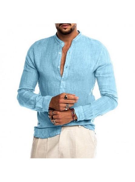 Men Fashion Casual Solid Color Linen Button Round Neck Long Sleeve Shirt