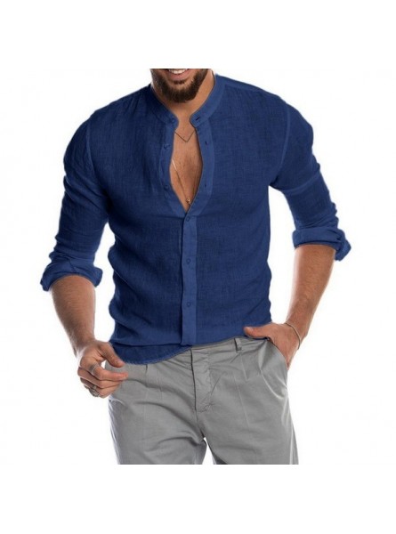 Men Fashion Casual Solid Color Linen Button Round Neck Long Sleeve Shirt