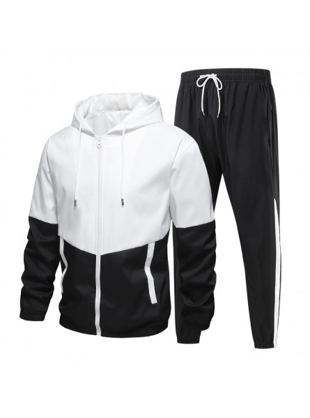 Men Spring Autumn Casual Sports Colorblock Hooded Long Sleeve Zipper Coat Trousers Plus Size Sets