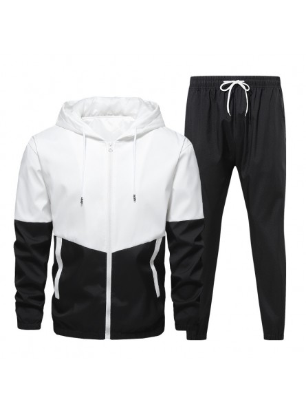 Men Spring Autumn Casual Sports Colorblock Hooded Long Sleeve Zipper Coat Trousers Plus Size Sets