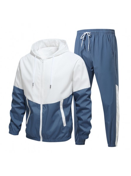 Men Spring Autumn Casual Sports Colorblock Hooded Long Sleeve Zipper Coat Trousers Plus Size Sets