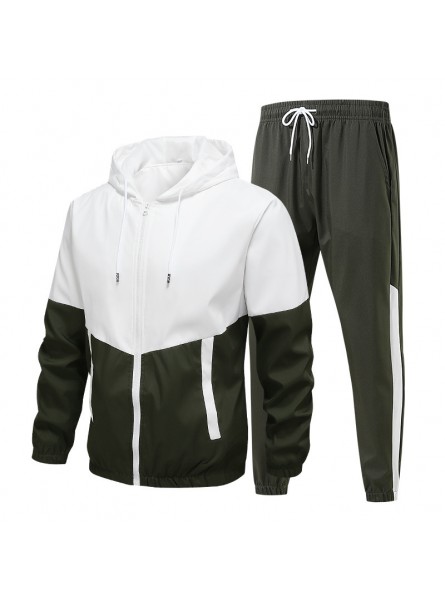 Men Spring Autumn Casual Sports Colorblock Hooded Long Sleeve Zipper Coat Trousers Plus Size Sets