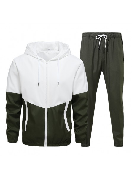 Men Spring Autumn Casual Sports Colorblock Hooded Long Sleeve Zipper Coat Trousers Plus Size Sets