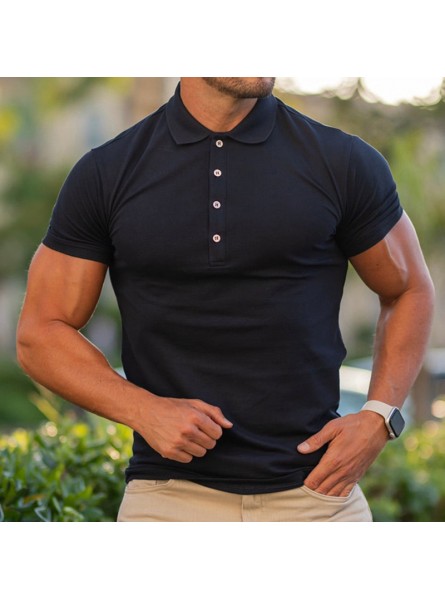 Men Fashion Casual Basic Versatile Solid Color Short Sleeve Lapel Polo Shirt