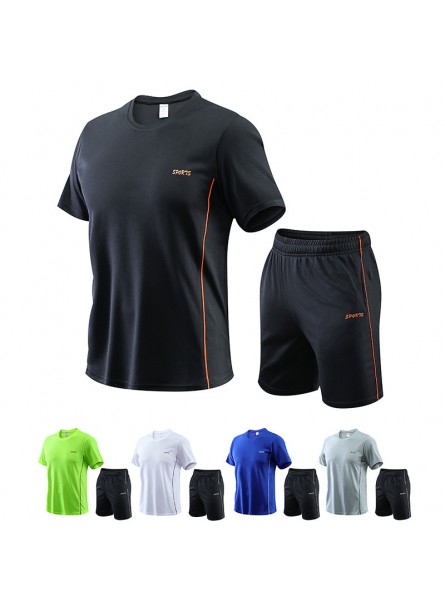 Men Fashion Casual Letter Print Plus Size Short Sleeve Round Neck T-Shirt Shorts Colorblock Set