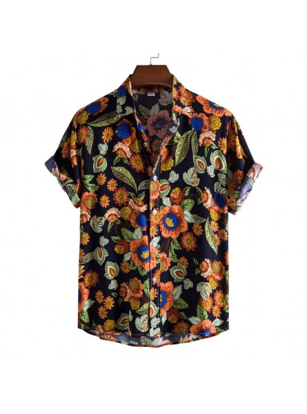 Men Fashion Leisure Holiday Beach Tiny Flower Print Short Sleeve Lapel Shirt