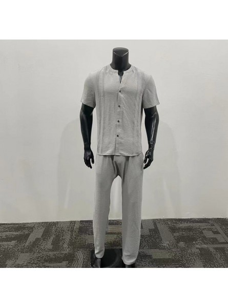 Men Fashion Casual Solid Color Stripe Short Sleeve Stand Collar Shirt Trousers Set