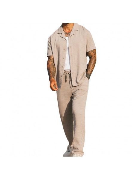 Men Fashion Casual Solid Color Short Sleeve Lapel Shirt Trousers Set