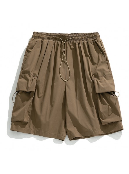 Men Casual Athleisure Solid Color Loose Drawstring Waist Cargo Shorts